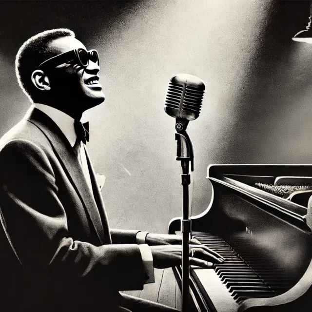 An iconic black and white image of Ray Charles